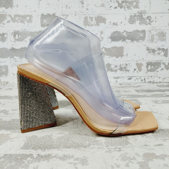 New Schutz Ariellen Vinyl Crystal Block Heel Square Toe Sandals O97 - Picture 5 of 15